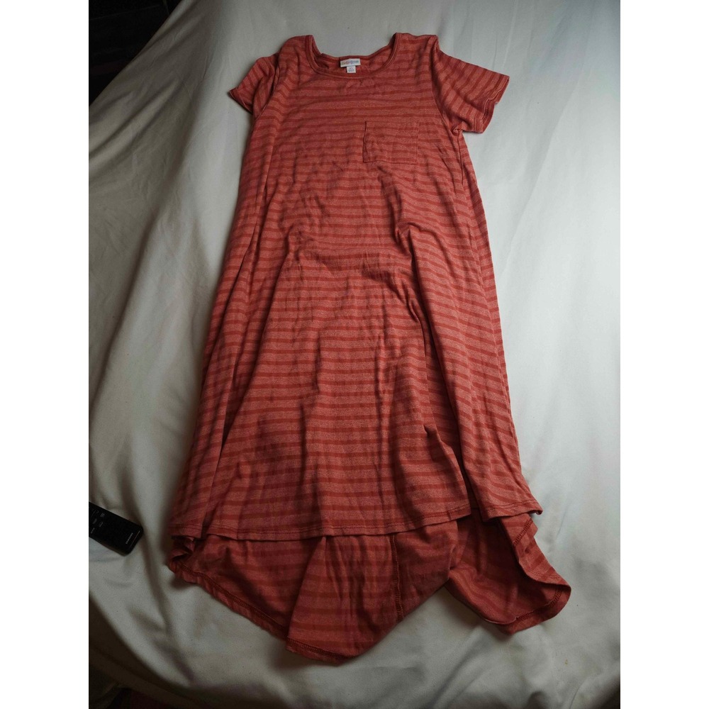 LuLaRoe Carly Dress XS Rust Orange Striped High Low Short Sleeve Womens